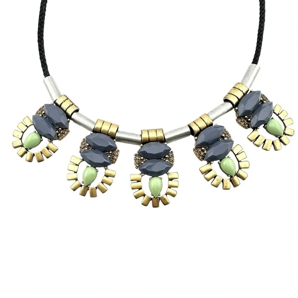 J Crew Necklace, Slate Mint Green w Silver & Gold Tone Metal Slide & Black Cord